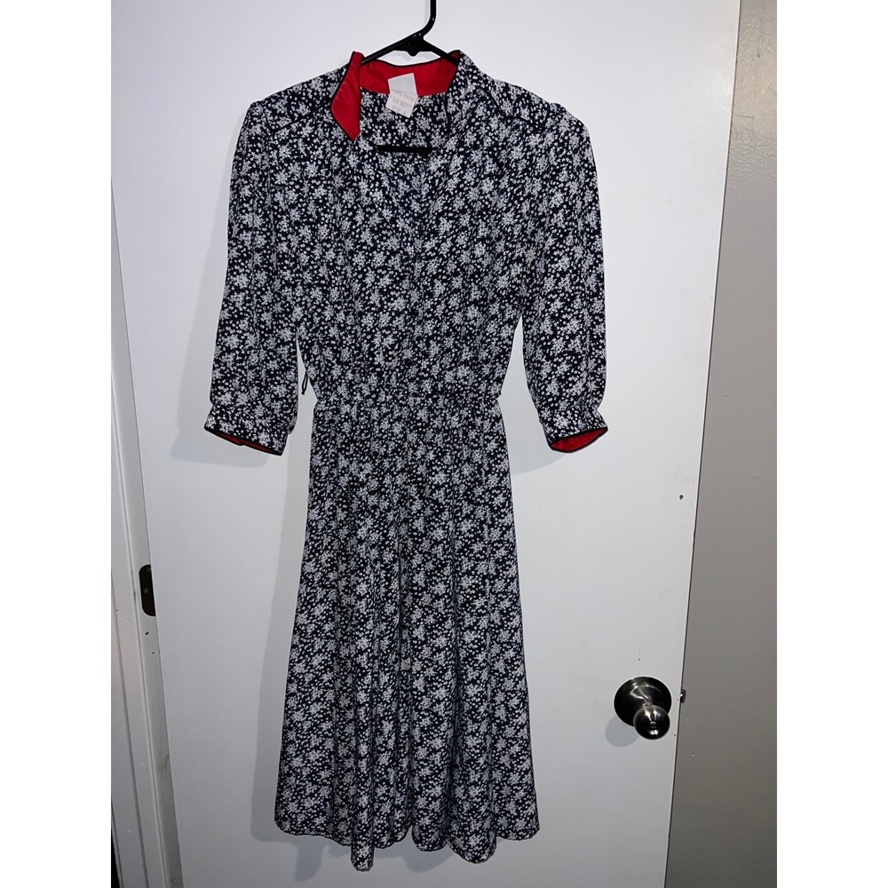 Petites by Willi Vintage Floral Midi Dress Navy Blue Size 8 OP4X53 Made in USA